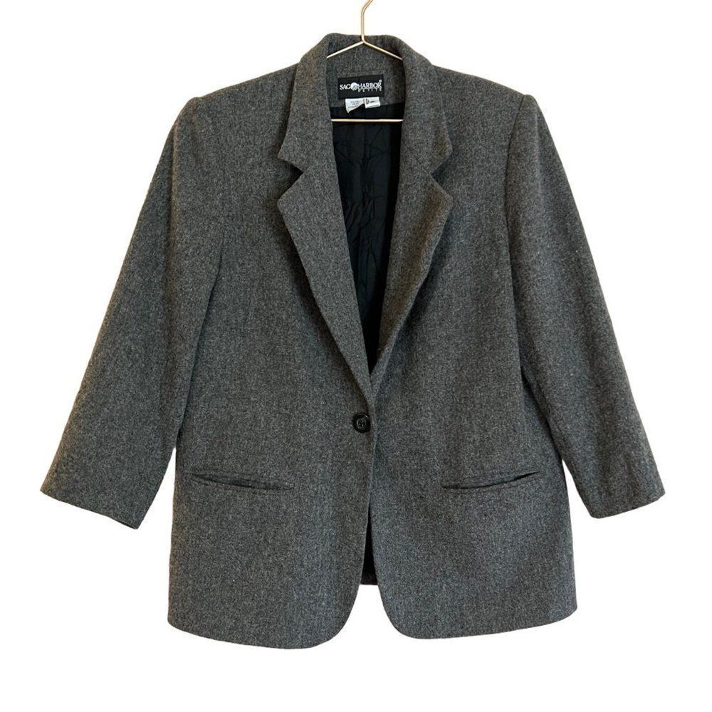 Vintage Sage Harbor Gray Wool Blend Single Button Pocket Blazer Size 12P